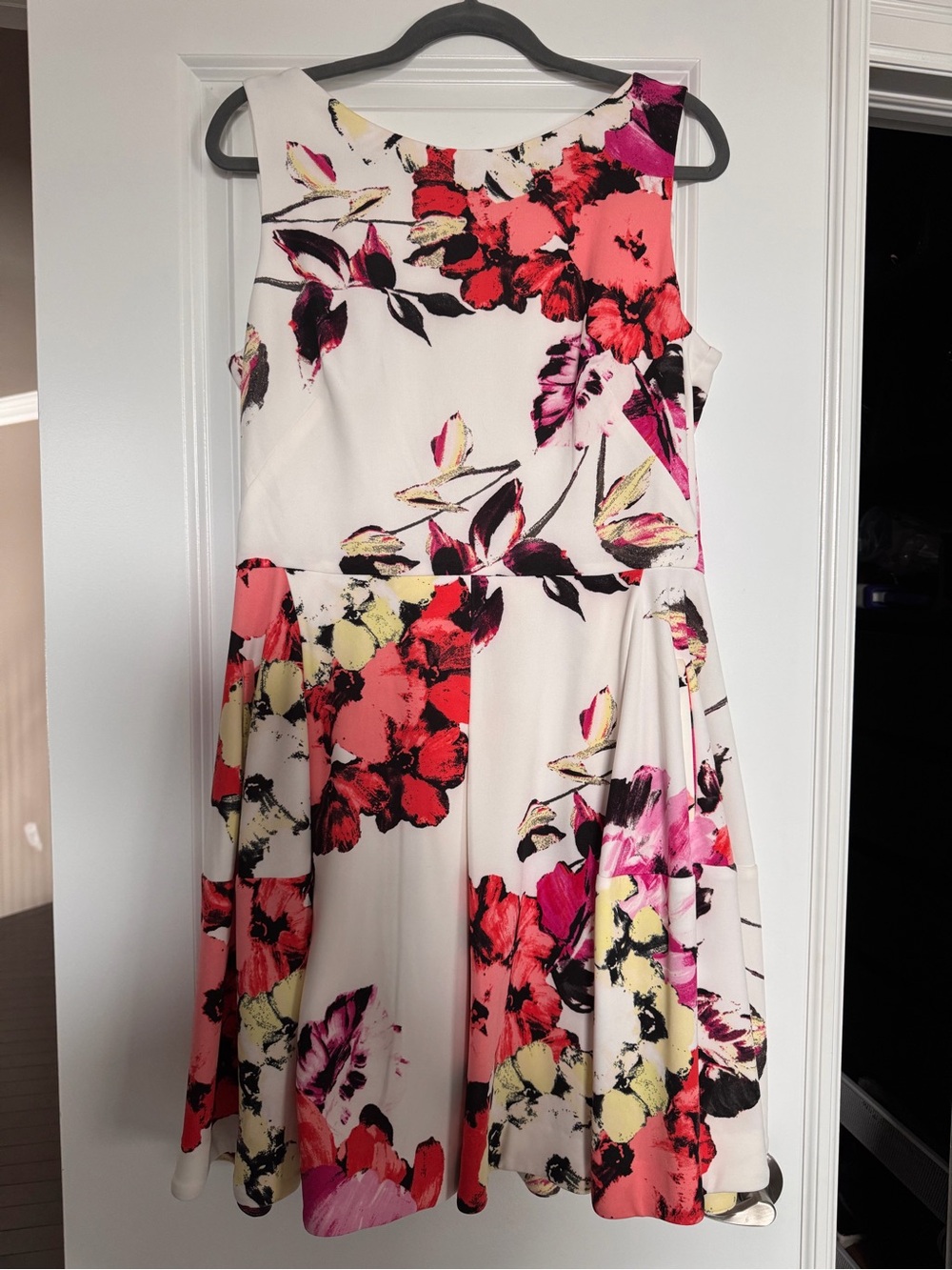 Danny & Nicole White Floral Fit-and-Flare Dress with Pink, Red & Yellow Accents